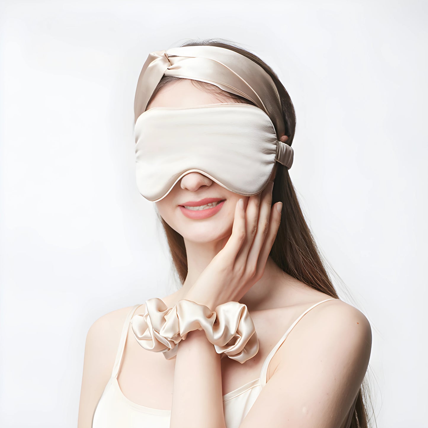 Luxuriöses Set aus 100% Maulbeer-Seidenschlafmaske, Haargummi und Haarband