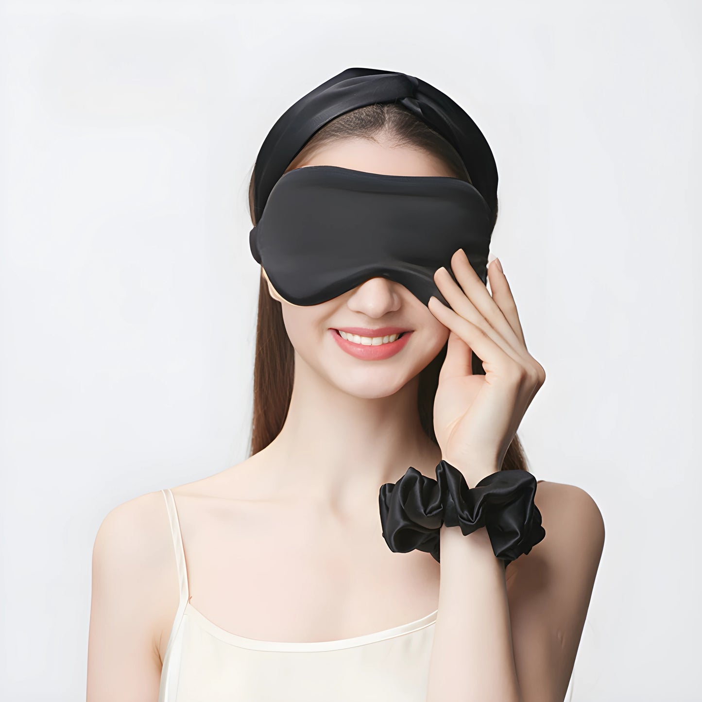 Luxuriöses Set aus 100% Maulbeer-Seidenschlafmaske, Haargummi und Haarband