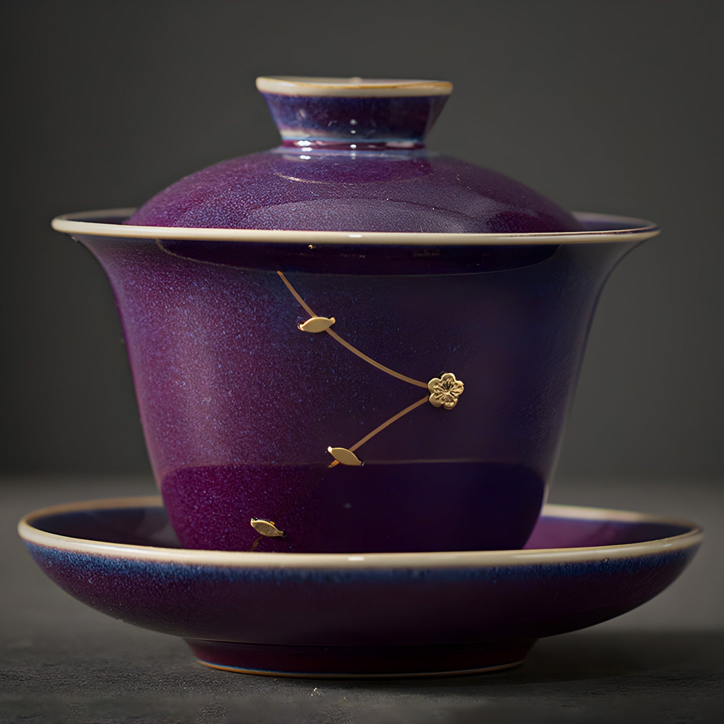 Auric Stitch Elegante Keramik-Gaiwan mit goldenen Blumenakzenten