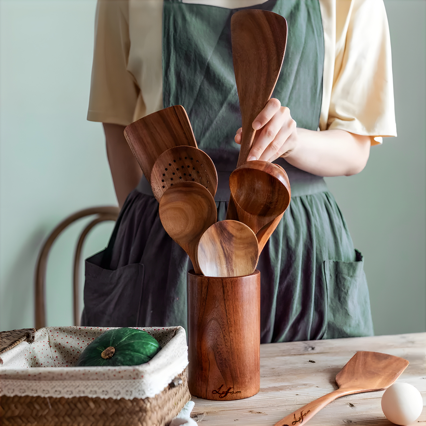 100% Premium Teakholz 8-teiliges handgefertigtes Kochutensilien-Set