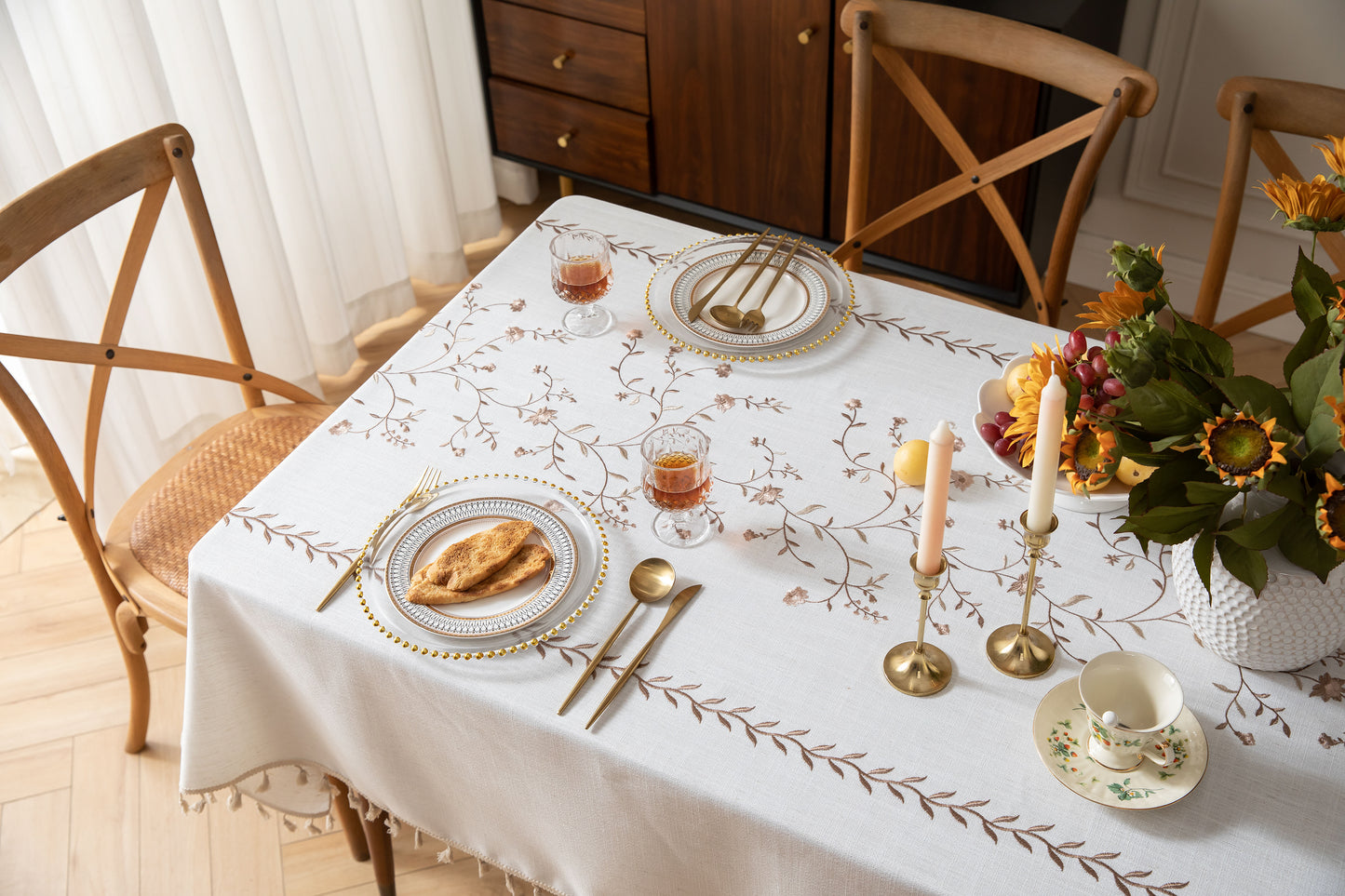 Chestnut Brown Wild Rose Embroidered Tablecloth